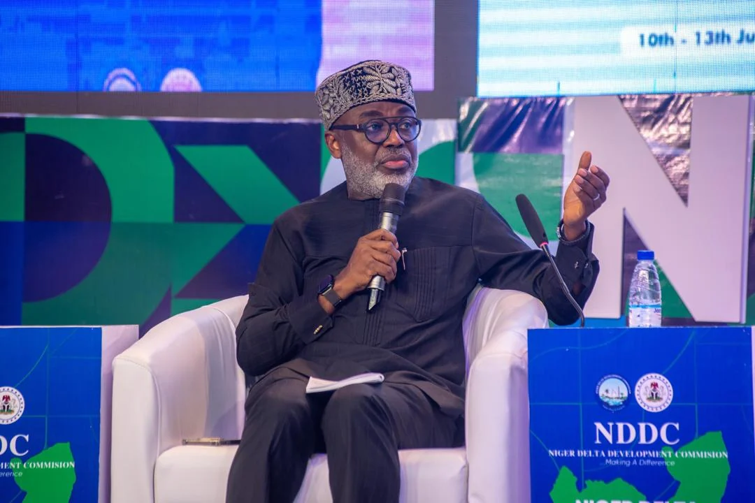 Tunji Idowu speaking into a microphone from a white armchair on a panel stage with Niger Delta Development Commission branding
