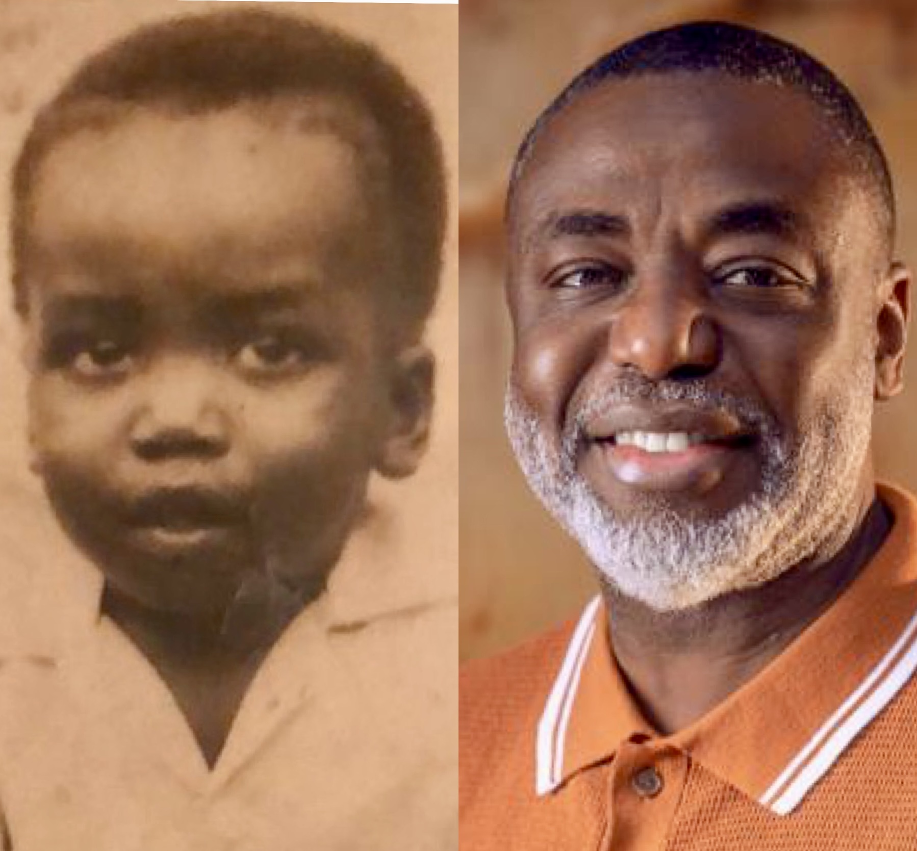 Tunji Idowu as a young child and today, side by side